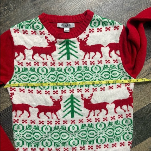 Festive Red and Green ugly sweater Reindeer Sweater Imagin8 S holiday pull over - Picture 3 of 7